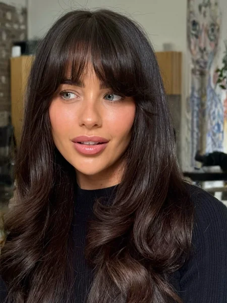 Long Dark Wavy Hair with Wispy Full Bangs