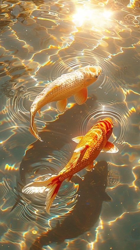 This may contain: two koi fish swimming in the water with sunlight reflecting on it's surface