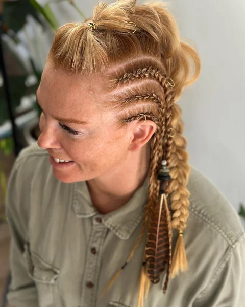 Side Cornrows with Braided Ponytail and Feather