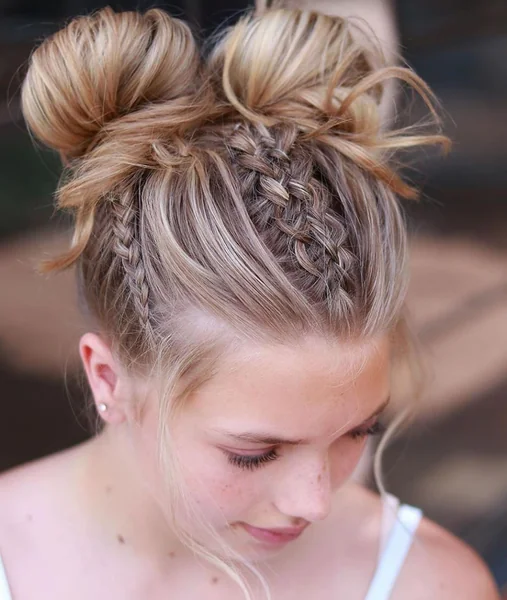 Double Dutch Braids into Space Buns