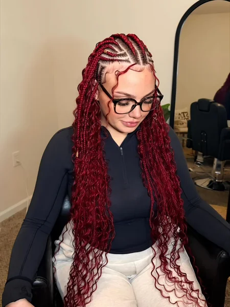 Red Burgundy Fulani Braids with Boho Curls and Middle Part