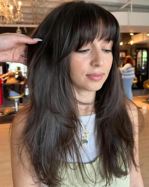 Long Dark Brown Hair with Wispy Curtain Bangs
