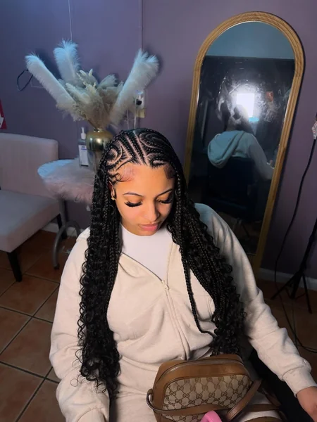 Fulani Braids with Boho Curls and Swirl Cornrow Design