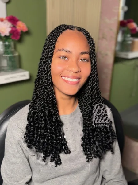 Short Black Passion Twists with Curly Ends