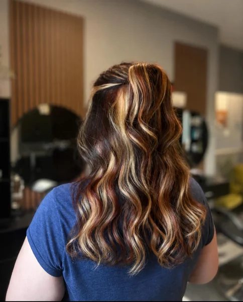 Calico Hair Color Hairstyles with Brown, Red & Blonde Half-Up