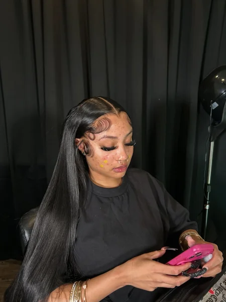 Black Straight Wig with Side Part and Swoop Edges