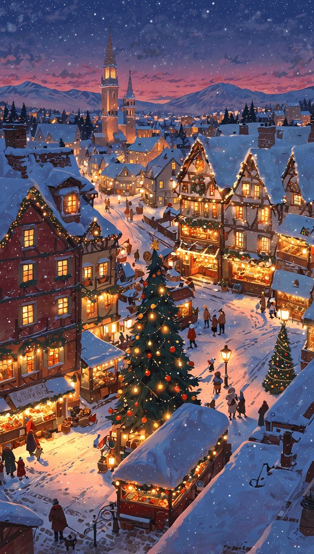 This may contain: a christmas village with lit up trees and buildings