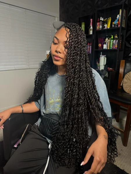 Long Black Passion Twists with Curly Ends