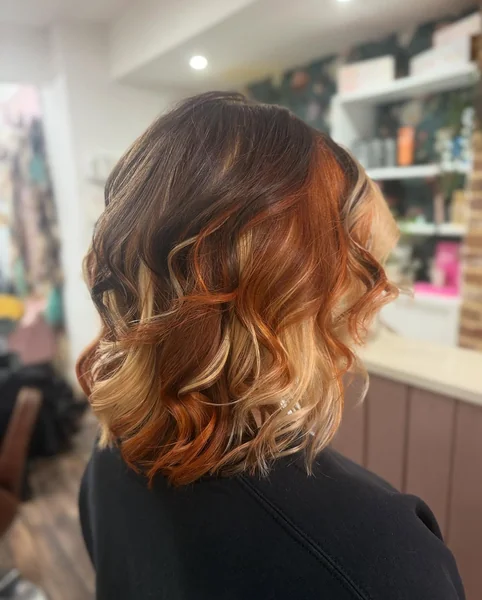 Short Calico Hair on Curly Bob with Copper & Blonde