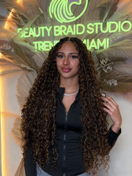 Mini Cornrows with Long Boho Curly Weave Miami Style
