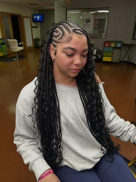Fulani Braids with Passion Twist Ends and Swirl Cornrow Design