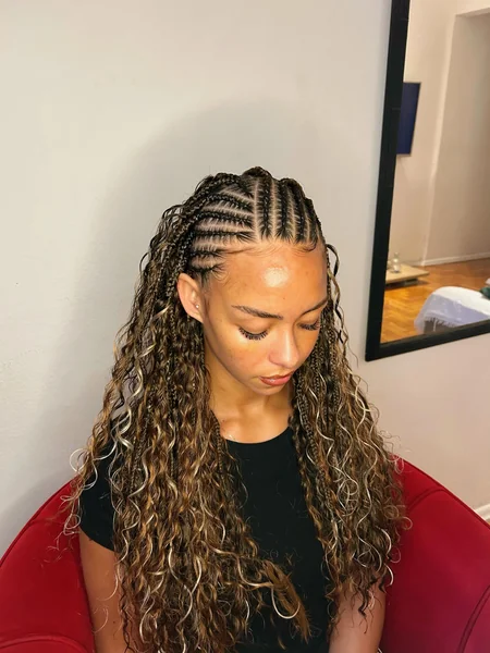 Cornrow Top with Long Boho Curly Twists and Blonde Highlights