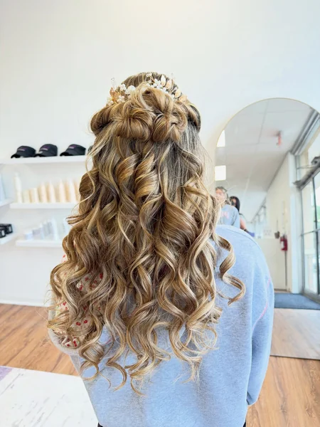 Half Up with Floral Crown Piece and Big Curls