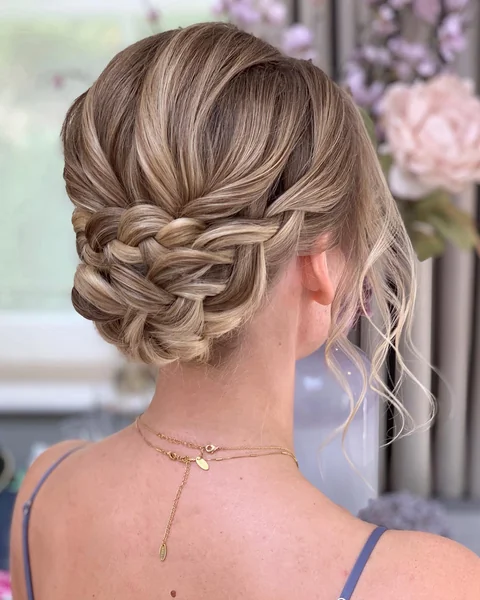 Woven Braided Low Updo with Tendrils
