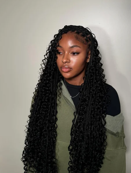 Long Black Boho Knotless Braids, Heavy Volume Curls