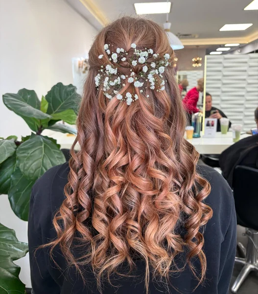 Half Up with Baby's Breath on Auburn Curls