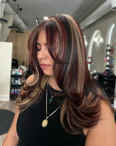 Calico Hair Color on Layered Blowout with Burgundy & Caramel