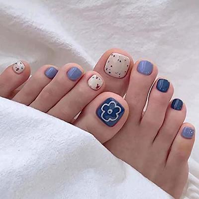 Square Fake Toenails Summer Glossy Glitter Blue French Tip Press ...