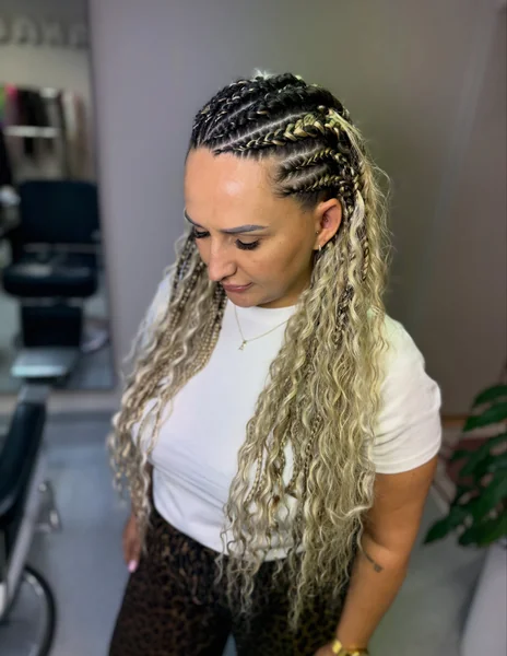 Blonde Fulani Braids with Small Feed-In Cornrows and Boho Curls