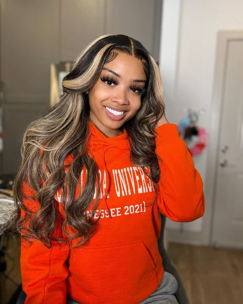 Black Body Wave Wig with Blonde Highlight Streaks