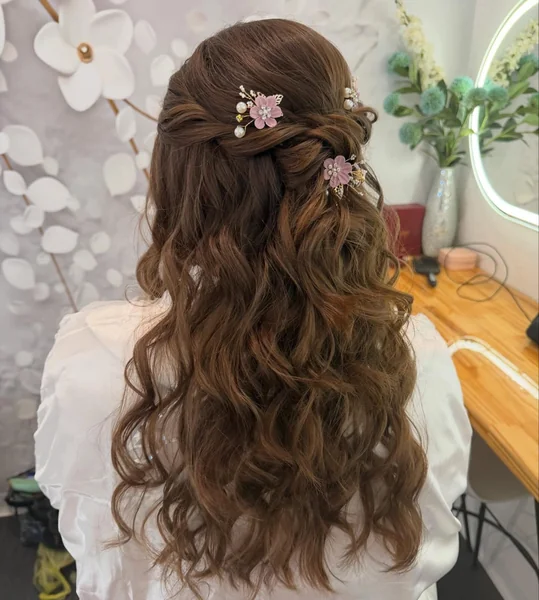 Half-Up Twist with Pink Flower Pins
