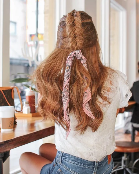 Fishtail Half-Up with Pink Bandana Scarf