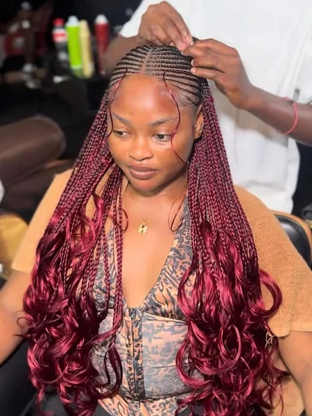 Cornrow Hairstyle with Burgundy Curly Extensions