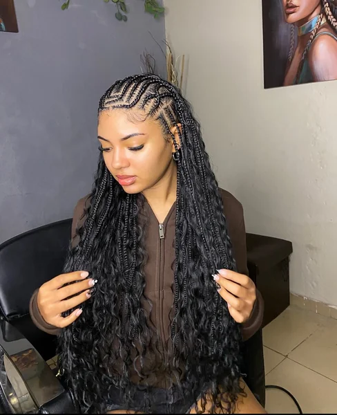 Fulani Braids with Long Boho Curls and Freestyle Cornrow Design