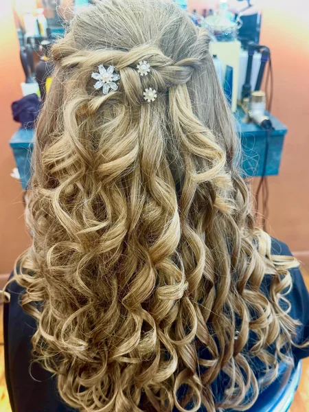 Half Up Twist with Jeweled Pins on Curly Blonde Hair