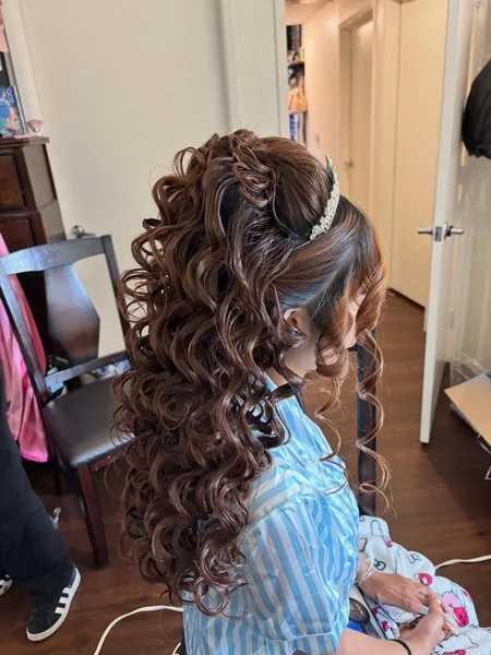 Voluminous Curly Half Up with Rhinestone Headband