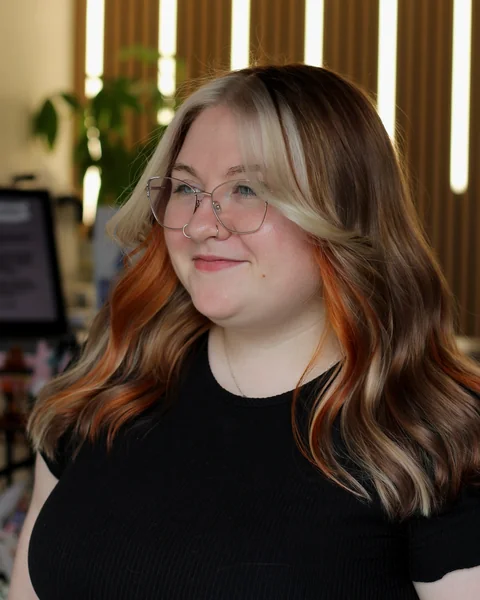 Soft Calico Hair with Blonde Face Frame & Copper Peekaboo