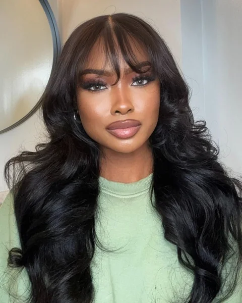 Black Body Wave Wig with Full Bangs