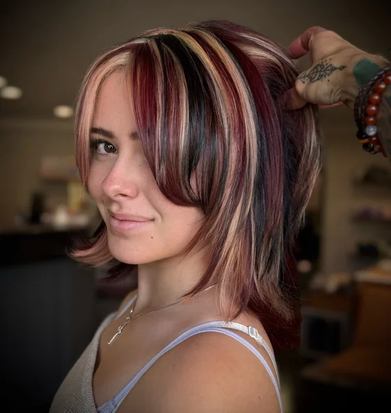 Dark Calico Bob with Black, Burgundy, and Blonde