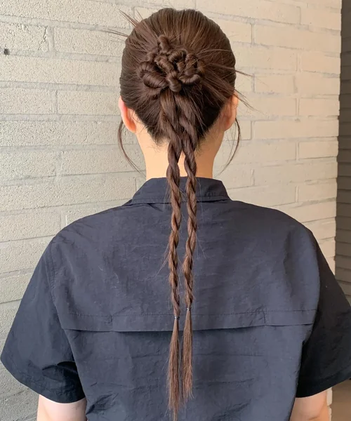 Braided Updo Bun with Thin Rope Tail Braids