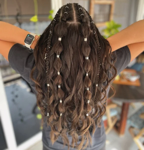 Cornrows with Silver Rings and Bubble Sections