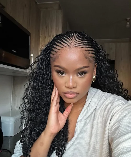 Small Tight Cornrows into Long Curly Braids
