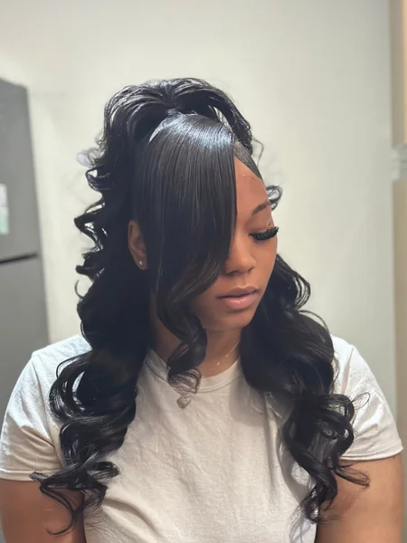Half Up Quick Weave with Curly Body Wave and Bang