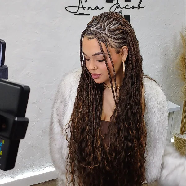 Fulani Braids with Brown Boho Curly Ends and Freestyle Design