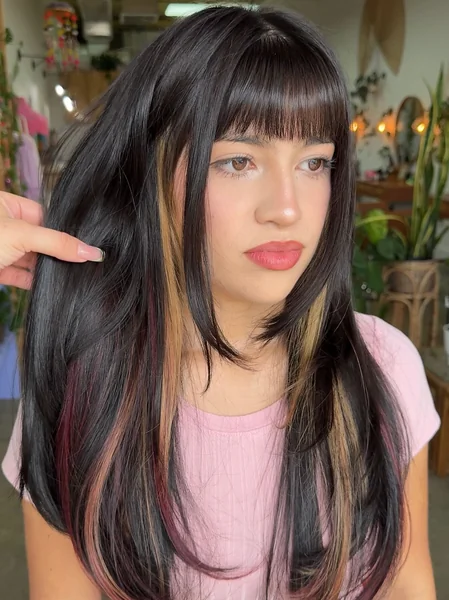 Hidden Calico Hair — Black Base with Caramel & Burgundy Peekaboo