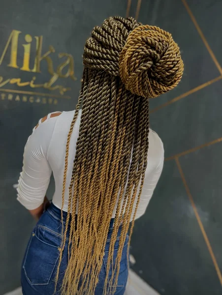 Long Brown Caramel Senegalese Twists Half-Up Bun Back View