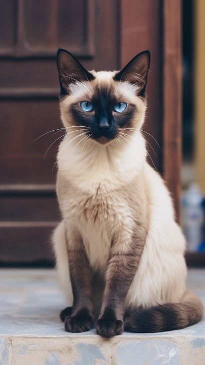 This may contain: a siamese cat with blue eyes sitting on the steps