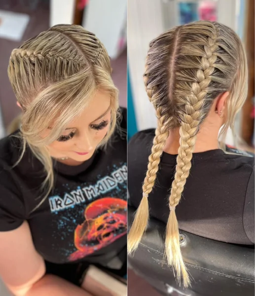 Double French Braids — Front and Back View