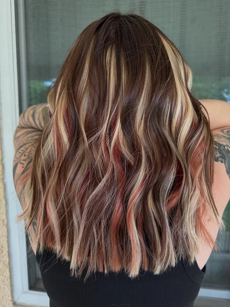 Calico Hair Color with Red & Blonde on Medium Waves