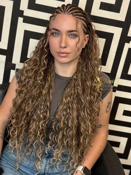 Fulani Braids with Highlighted Boho Curls and Small Cornrows