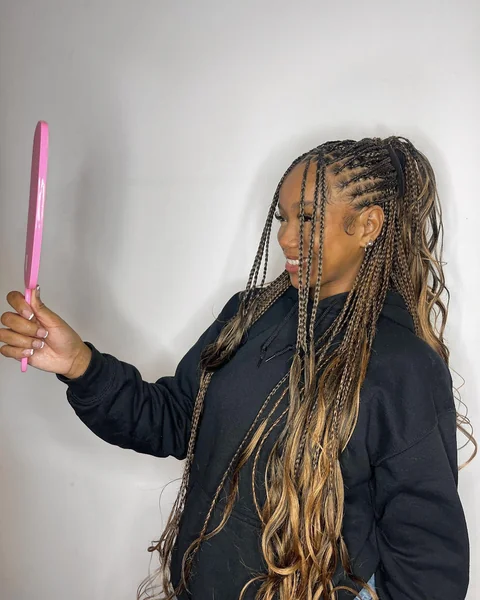 Cornrow Ponytail with Long Ombre Braids and Wavy Extensions