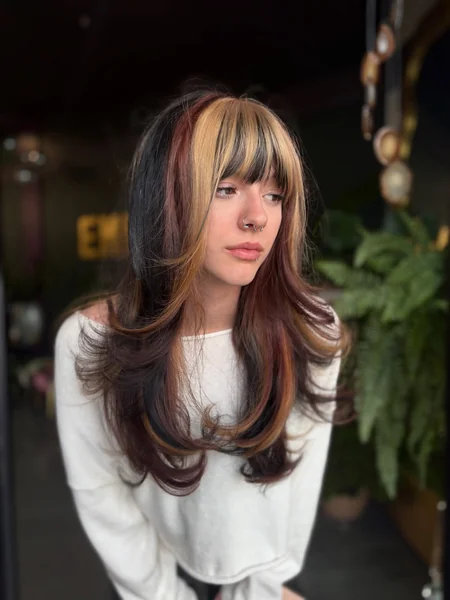 Calico Hair with Layers on Wolf Cut — Black, Blonde & Burgundy