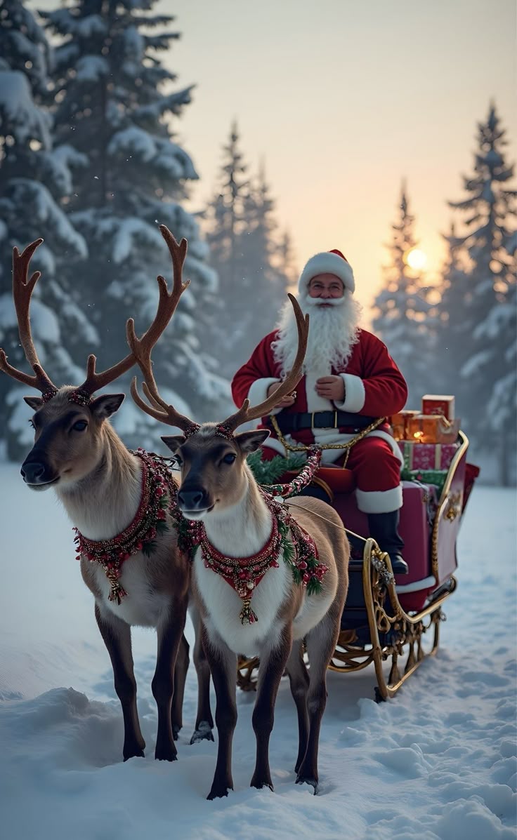 This may contain: santa claus riding in his sleigh with reindeers