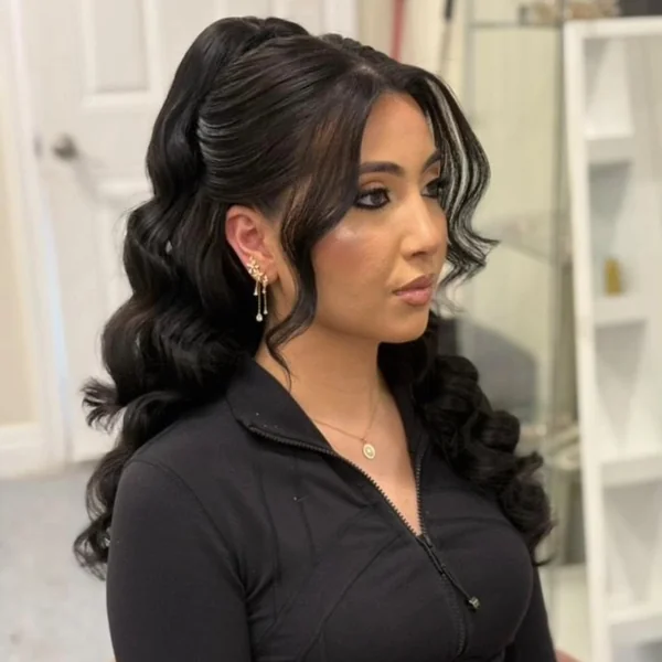 Half Up High Ponytail on Black Hair with Highlights