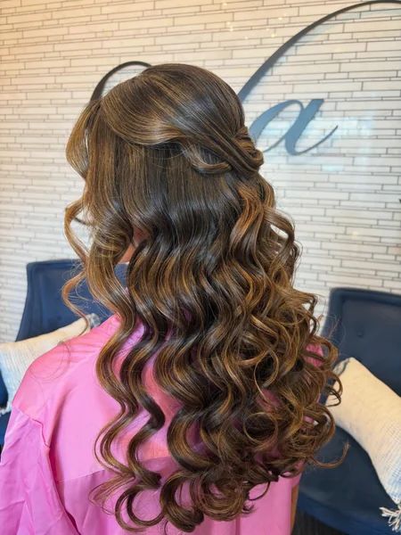 Twisted Half Up on Long Brunette Curly Hair