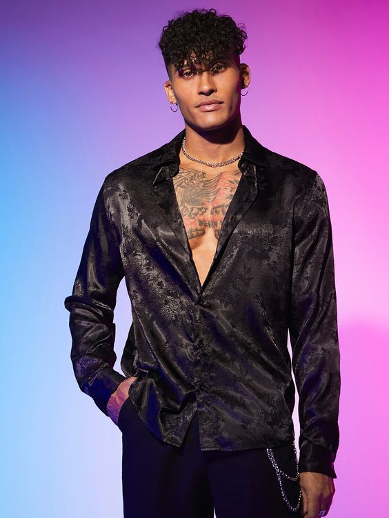 Black satin shirt men Black satin shirt men